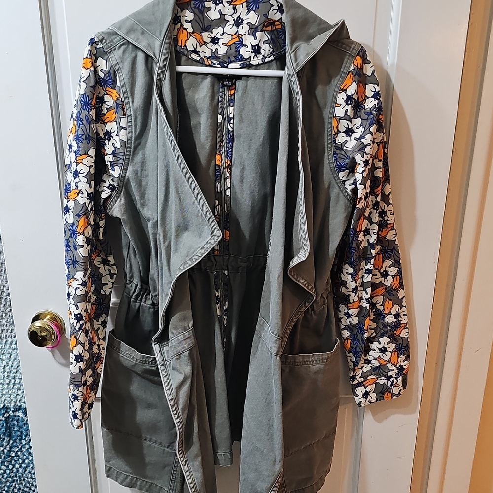LuLaRoe Olive Green Utility Jacket with Floral Sleeves